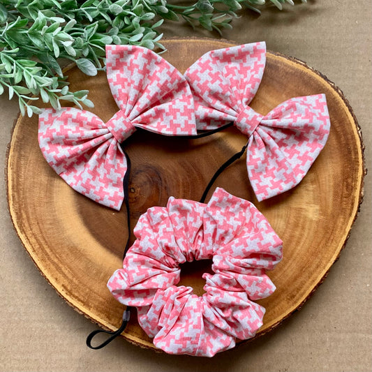 Houndstooth cotton scrunchie from Bully Love Boutique with black and white pattern, soft fabric, and elastic for gentle hold.