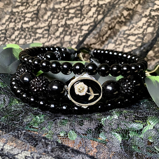 Victorian Rose Black 3 String Beaded Collar