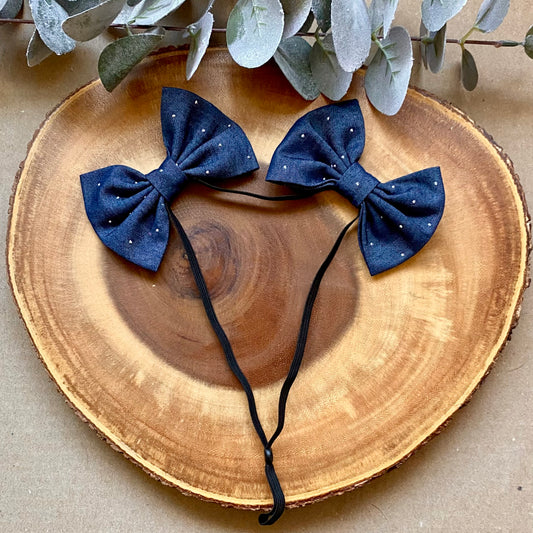 Glitter Denim Dog Double Bows