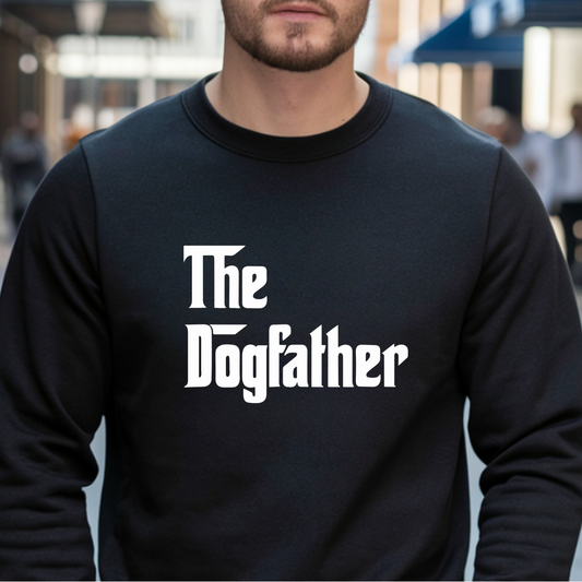 Black crewneck sweatshirt from Bully Love Boutique featuring "The Dogfather" graphic design for dog lovers.