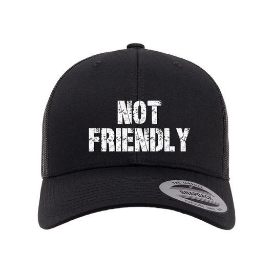 Bully Love Boutique NOT Friendly Hat featuring bold text design on a casual fabric cap.