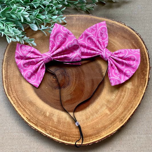 Pink Paisley Jumbo Double Dog Bows by Bully Love Boutique, showing large, colorful fabric bows with paisley pattern for pets.