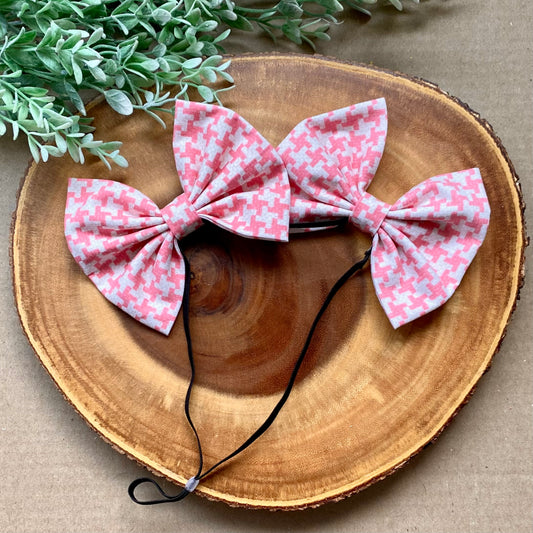 Houndstooth jumbo double dog bows by Bully Love Boutique featuring black and white patterned fabric for stylish pet accessories.