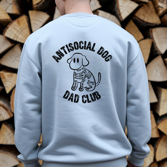 Black crewneck sweatshirt from Bully Love Boutique with "Antisocial Dog Dad Club" graphic design.