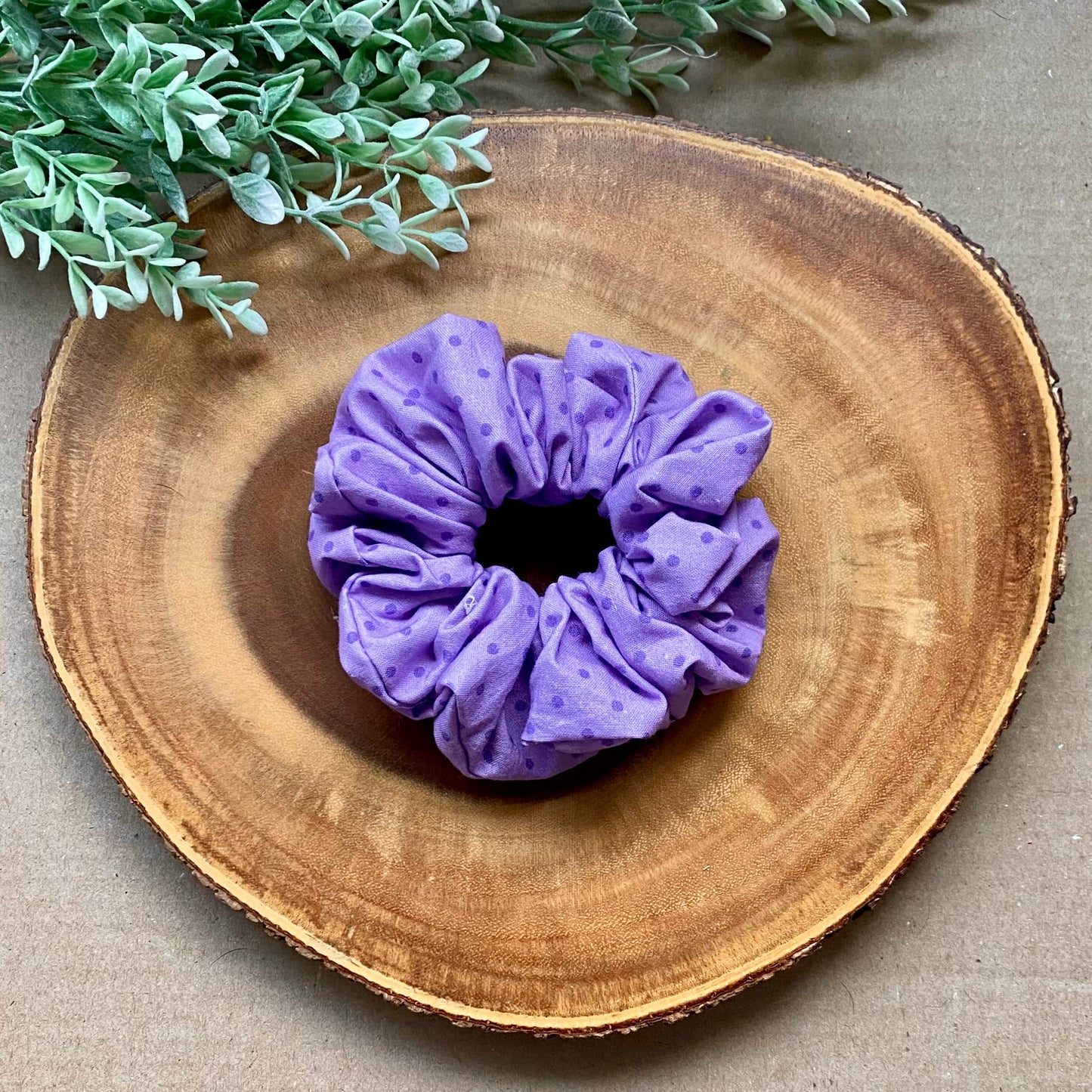 Purple Love Cotton Scrunchie from Bully Love Boutique, soft fabric hair accessory with elastic band for gentle hold.
