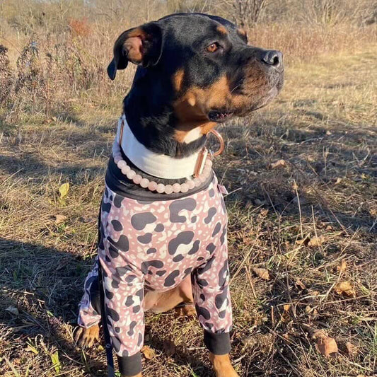 Rosy leopard print dog pajamas featuring trendy animal print for big dogs, made by Bully Love Boutique in cozy dog apparel style.