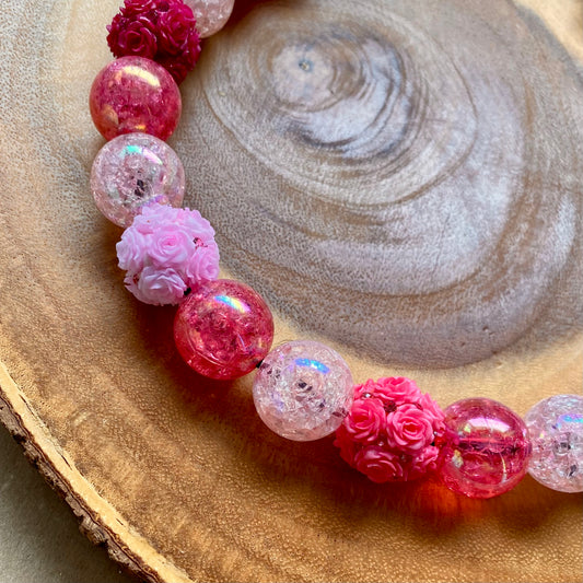 Pink peonies beaded dog collar by Bully Love Boutique featuring vibrant pink floral beads and adjustable fit for small pets.