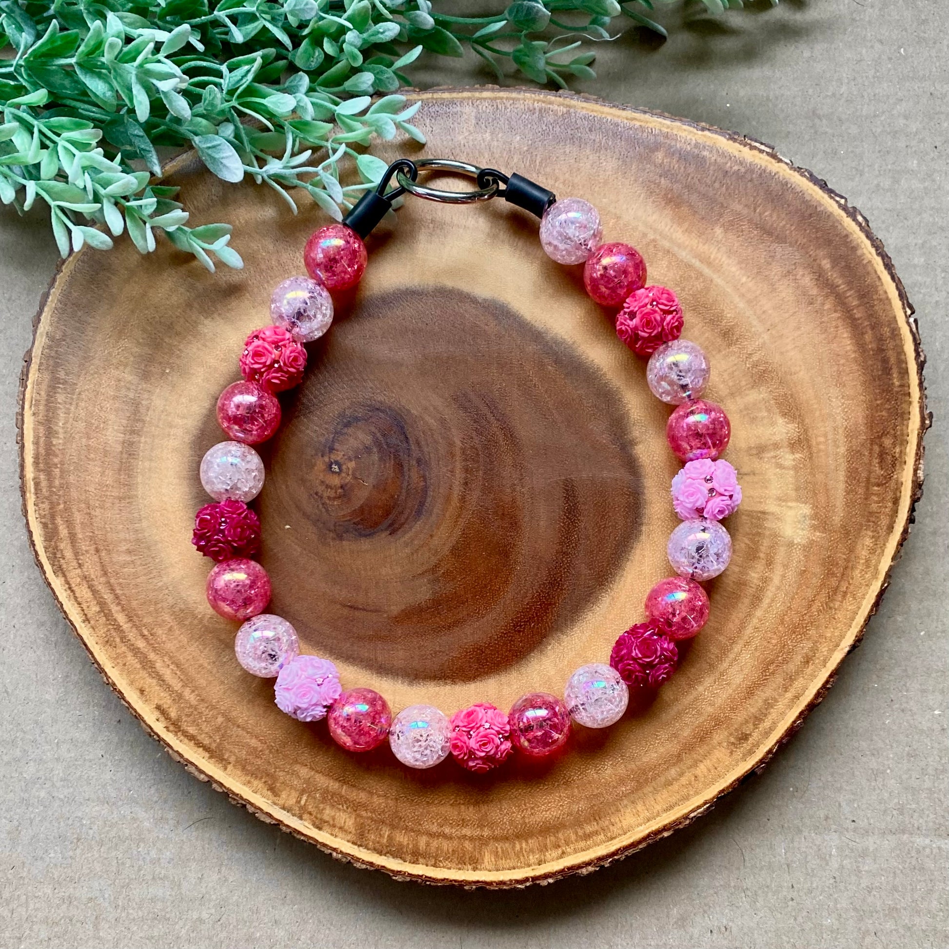 Pink peonies bubblegum beaded dog collar by Bully Love Boutique featuring colorful beads and floral design.