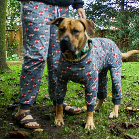 Side view, photo of dog owner and dog wearing matching bully love boutique PJs