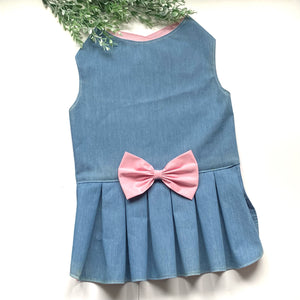Denim dog dress with pleats and light pink bow
